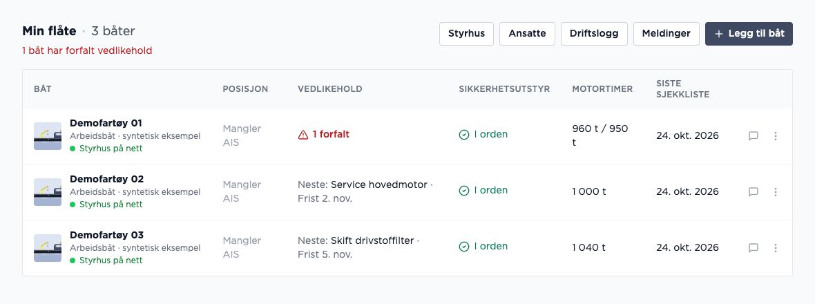 Kveiles flåtevisning med vedlikeholdsstatus for demofartøy
